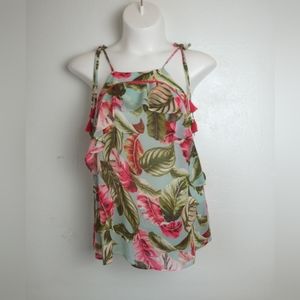 COVERSTITCHED Top Tropical Tie-Shoulder Size L Floral Print Casual